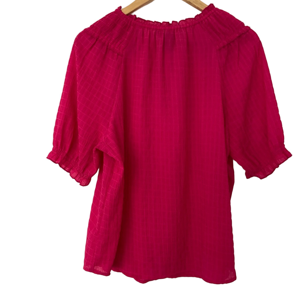 OLIVIA & MARTIN BRIGHT PINK TOP/BLOUSE WITH RUFFLE DETAILS, TIE NECKLINE, LARGE - Picture 2 of 11